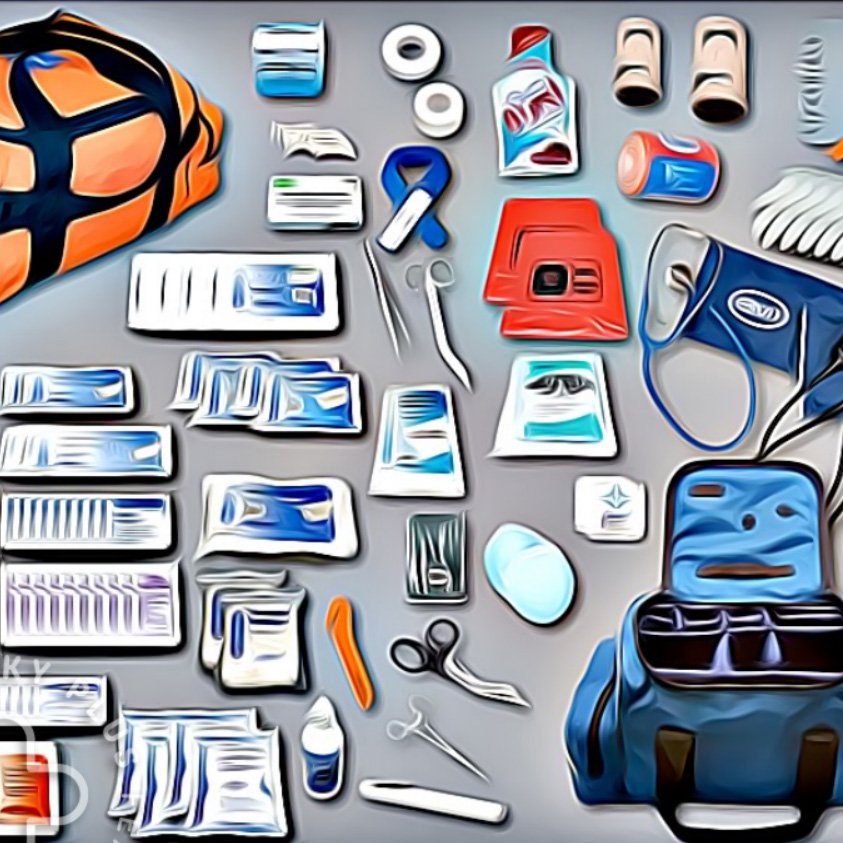 Drawing of EMS trauma bag supplies layed out