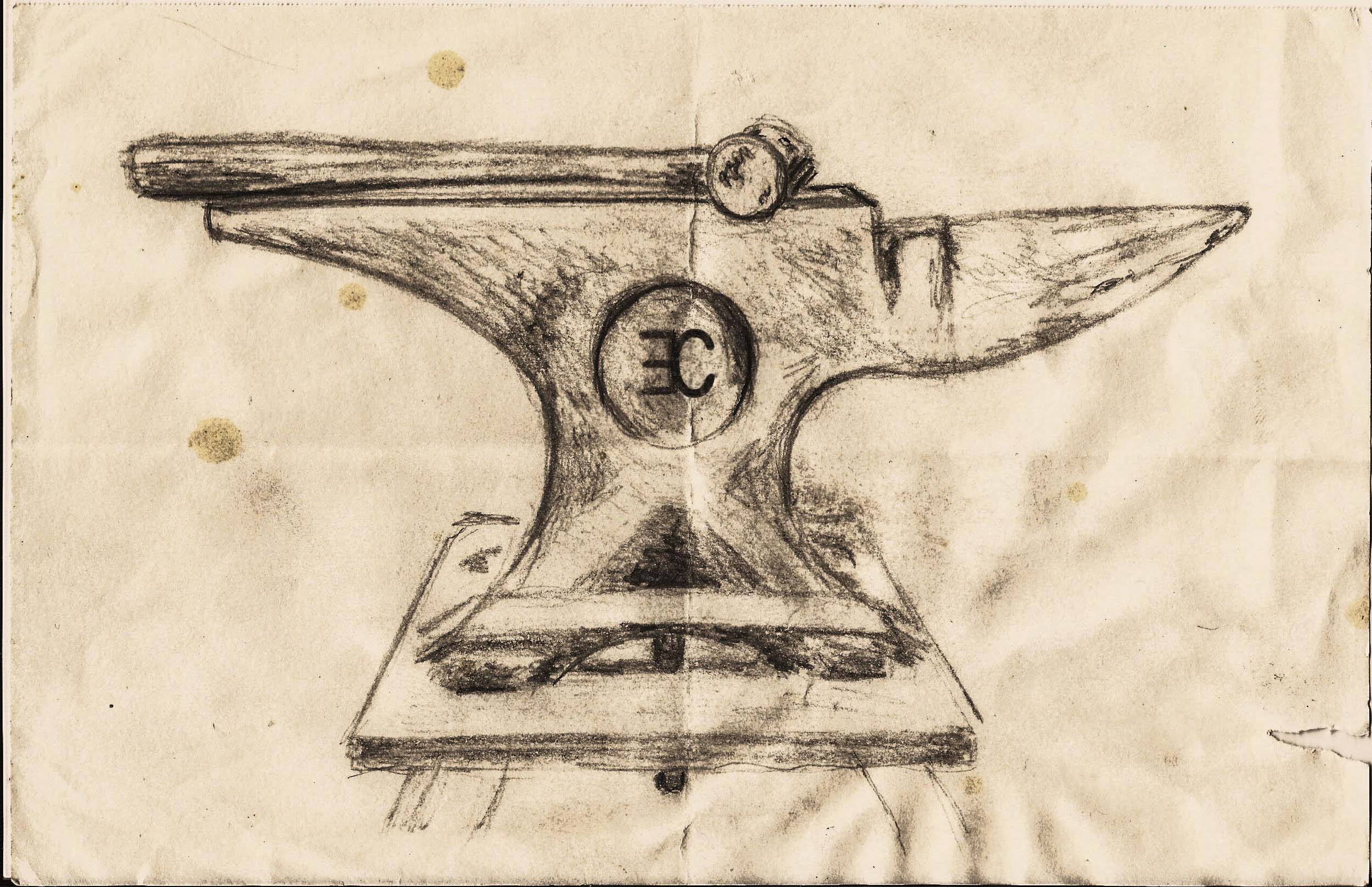 Drawing of anvil with hammer resting on top. Letters EC as a brand are in the center of the anvil.